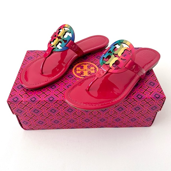 TORY BURCH | Miller Bright Rainbow Ruby Red Patent Leather Sandal Flip Flop 8 - Picture 2 of 14